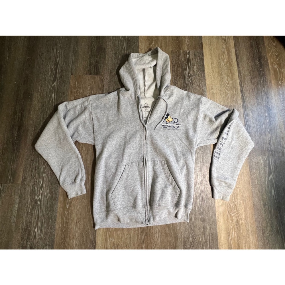 Disney Hanes Zip Hoodie Mens Medium Gray Excellent‎ 2018 Mickey Mouse Graphic